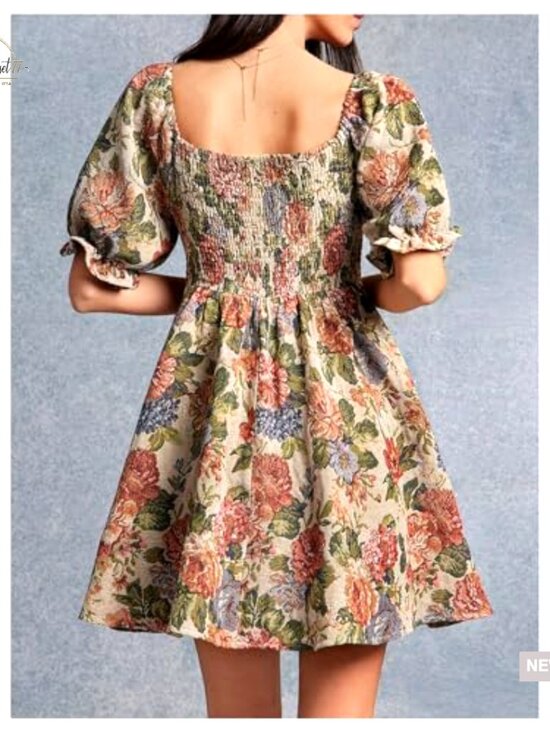 Floral Square Neck Ruffle Short Dress Puff Sleeve Smocked A-Line Mini - Picture 2 of 5
